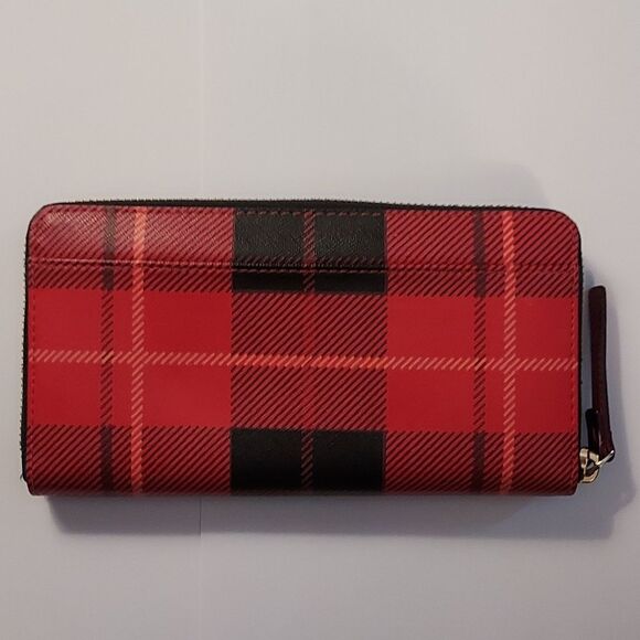 Kate Spade Red Plaid Wallet Saffiano leather zip around - Picture 2 of 12